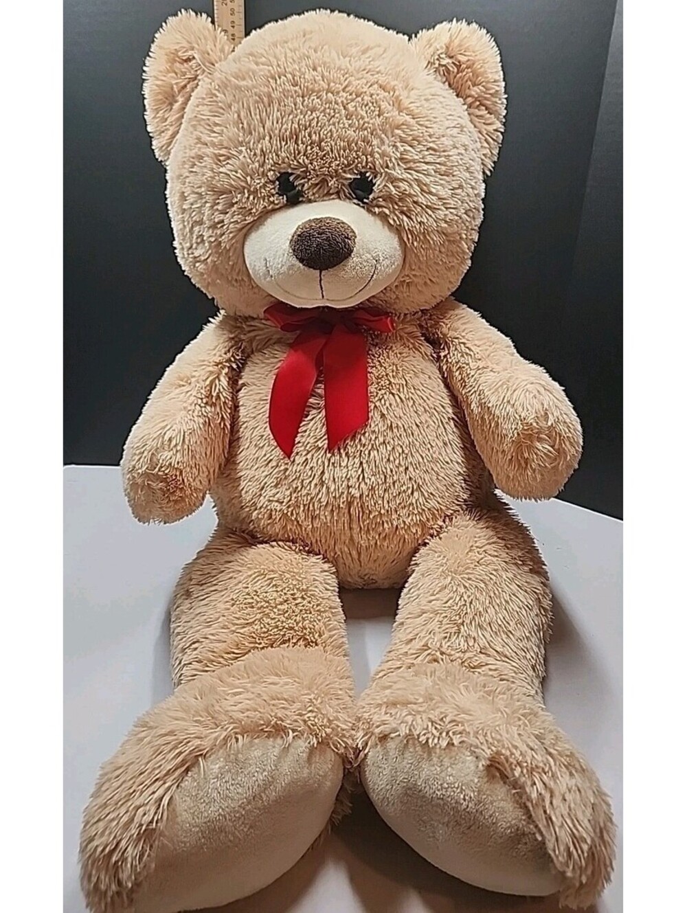 28" Large Plush Bear Stuffed Animal, Beige/tan, Soft,  Red Bow,